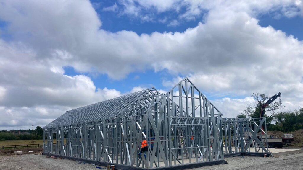 Contemporary steel structure home under construction in Ireland